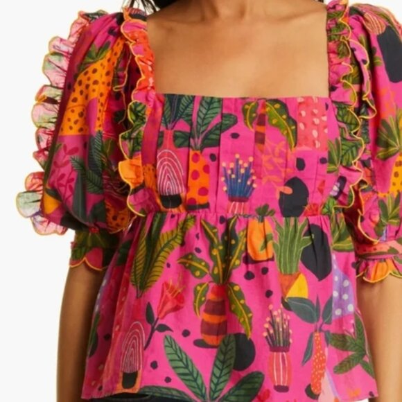 NWOT Farm Rio Pop Leopards Short Puff Sleeves Ruffles Pink Blouse Size XS $160 - Picture 8 of 11